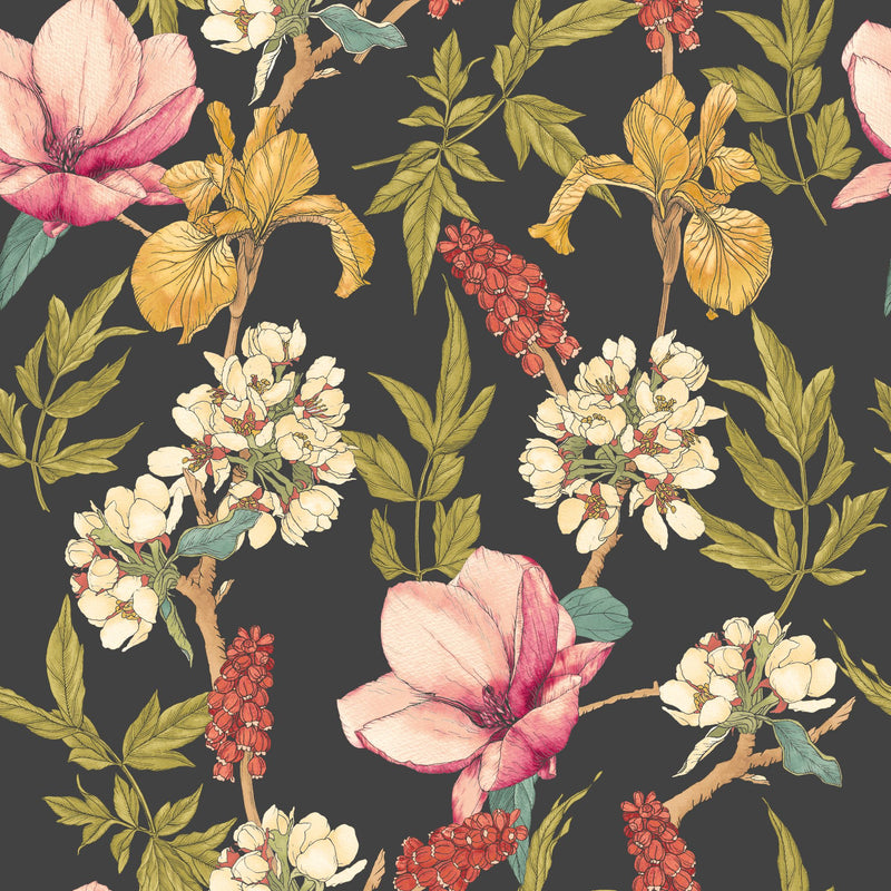HWA1182W Orchid Bloom Ebony & Raspberry Wallpaper by Hoopla Walls