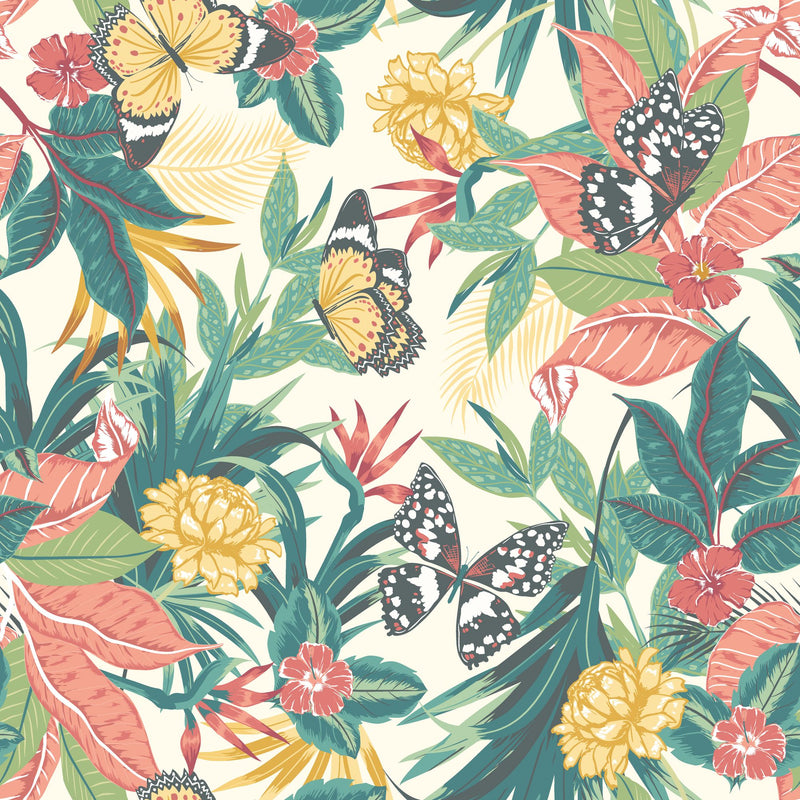 HWA1192W Paradise Apricot & Jade Wallpaper by Hoopla Walls