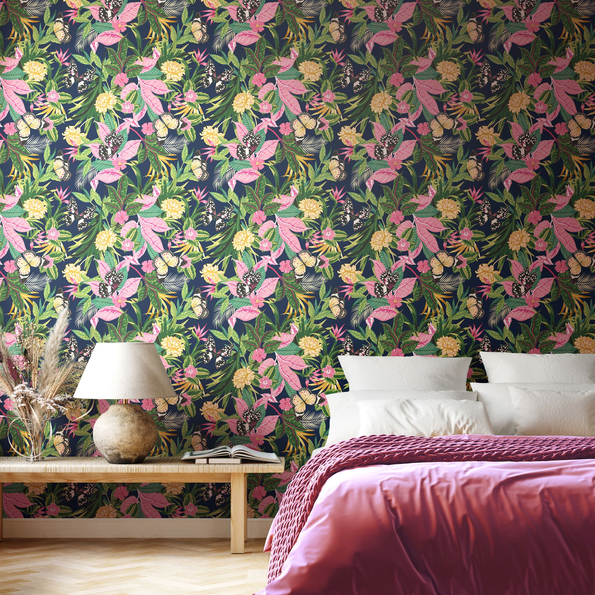 HWA1195W Paradise Indigo & Pink Wallpaper by Hoopla Walls