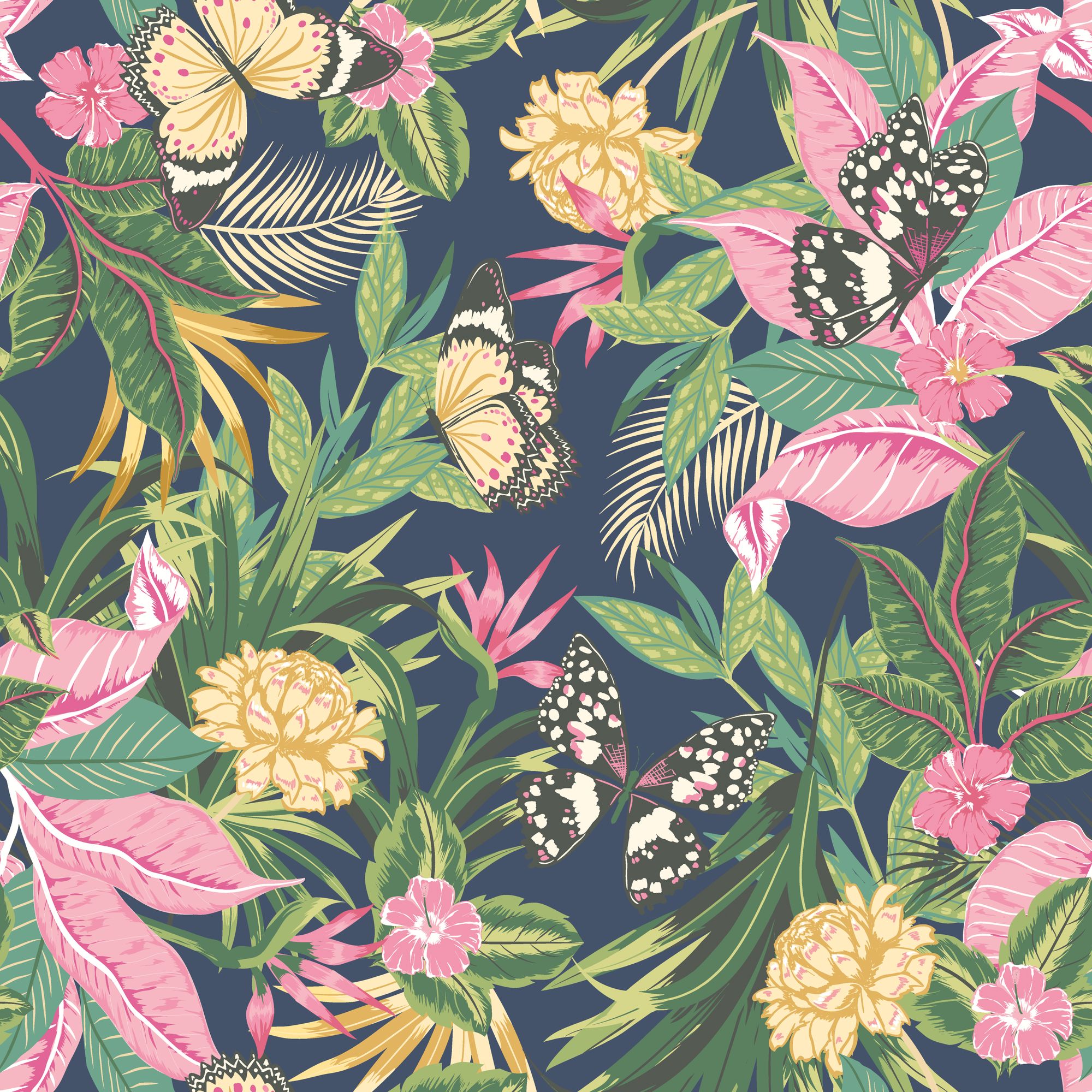 HWA1195W Paradise Indigo & Pink Wallpaper by Hoopla Walls