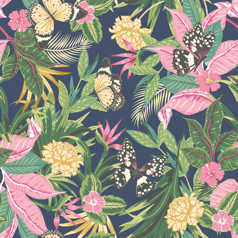 HWA1195W Paradise Indigo & Pink Wallpaper by Hoopla Walls