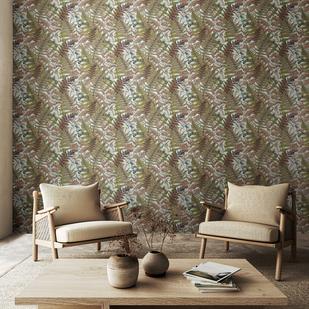 Wild Ferns Rosehip Fleur Wallpaper by Hoopla Walls