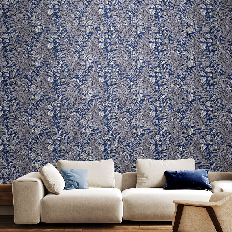 HWA1201W Wild Ferns Indigo Wallpaper by Hoopla Walls
