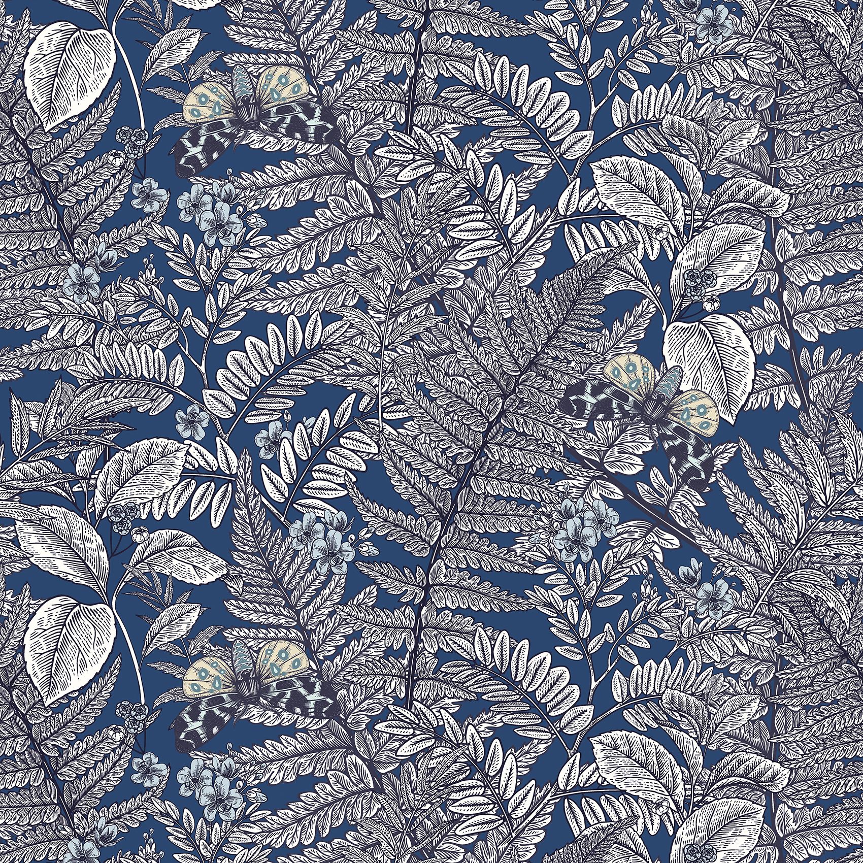 HWA1201W Wild Ferns Indigo Wallpaper by Hoopla Walls