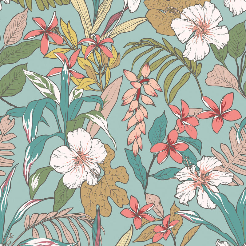 HWA1205W Oasis Coral & Teal Wallpaper by Hoopla Walls