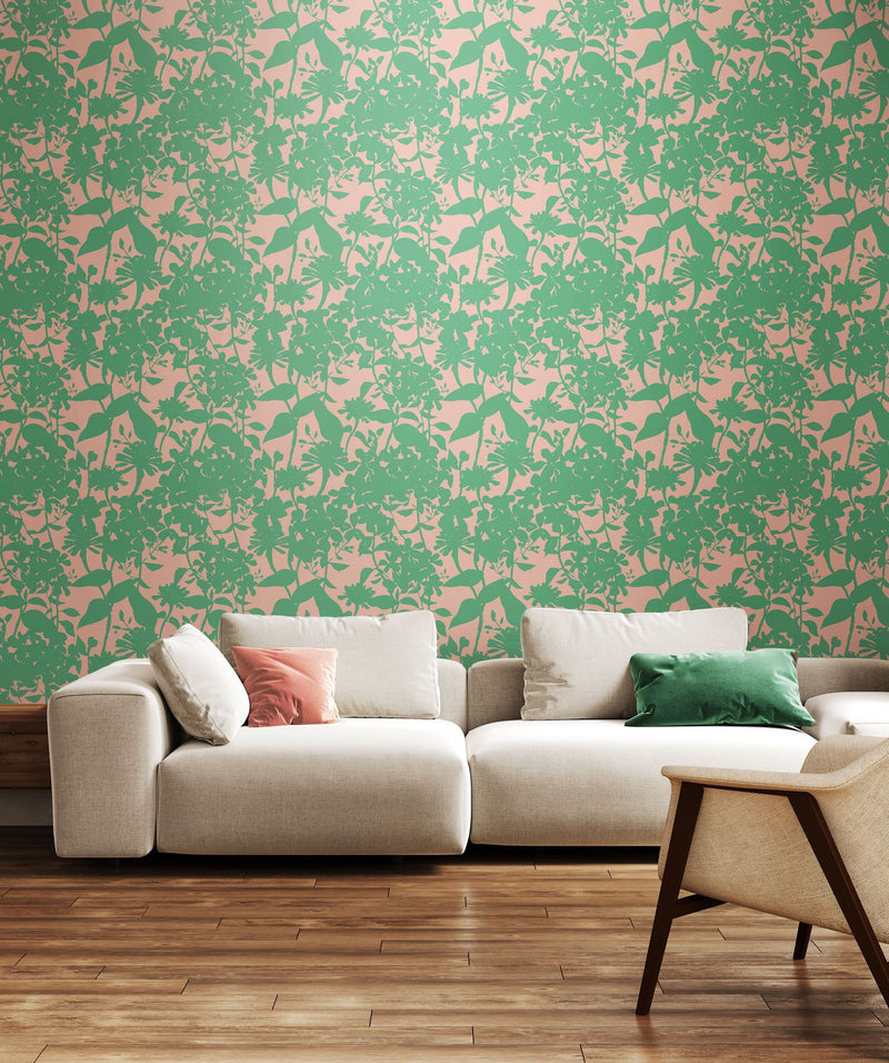 HWA1217W Summer Silhouette Jade & Blossom Wallpaper by Hoopla Walls