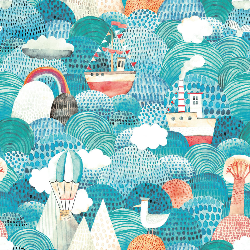HWA1304W Ships Ahoy! Aqua & Coral Wallpaper by Hoopla Walls