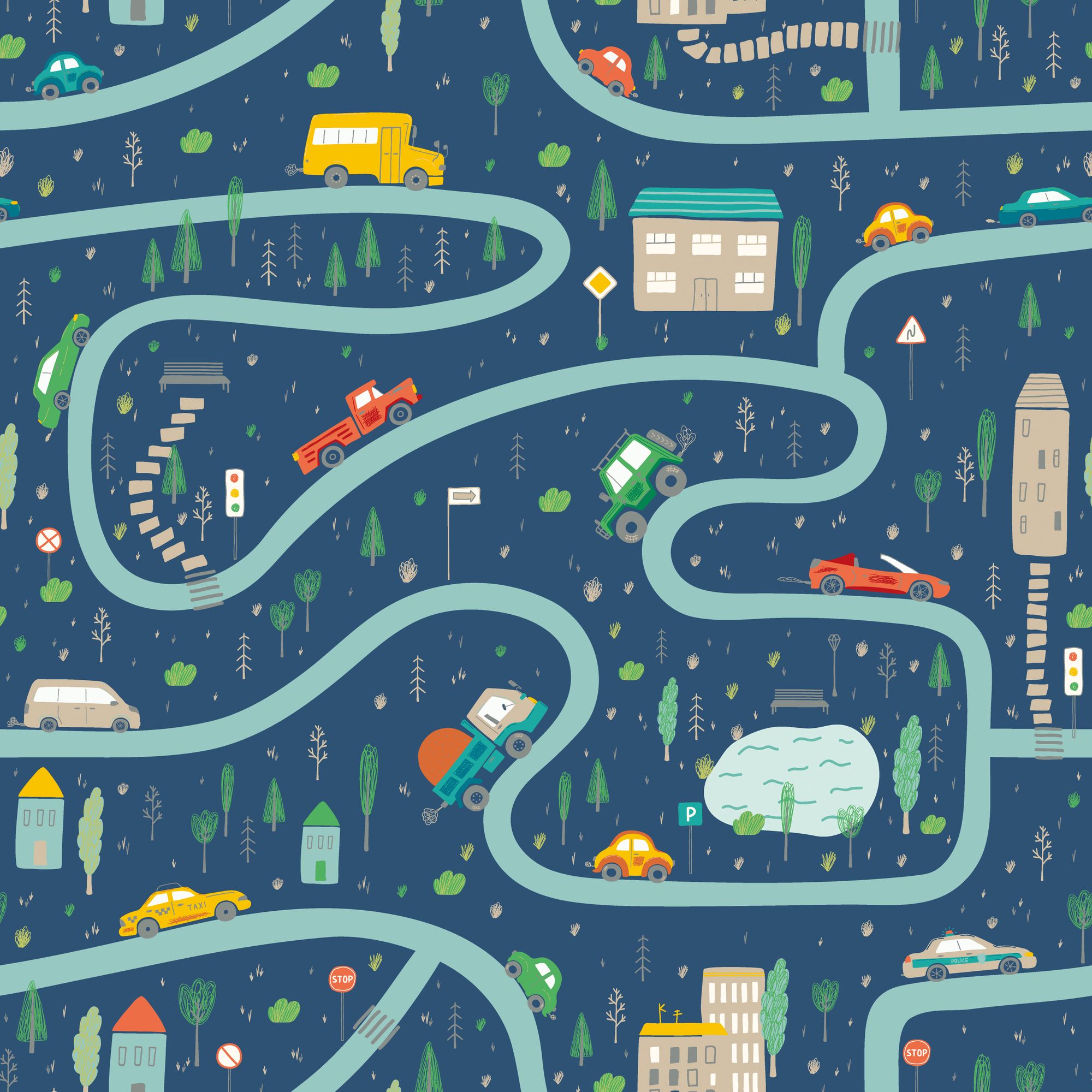 HWA1308W Road Trip Indigo Riot Wallpaper by Hoopla Walls