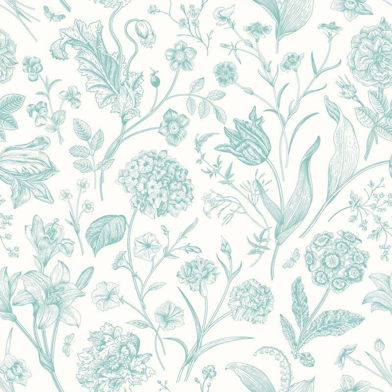 HWA1326W Floral Toile Duck Egg Blue Wallpaper by Hoopla Walls