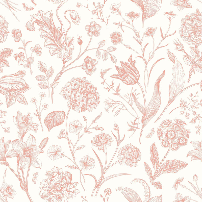 HWA1327W Floral Toile Soft Coral Wallpaper by Hoopla Walls