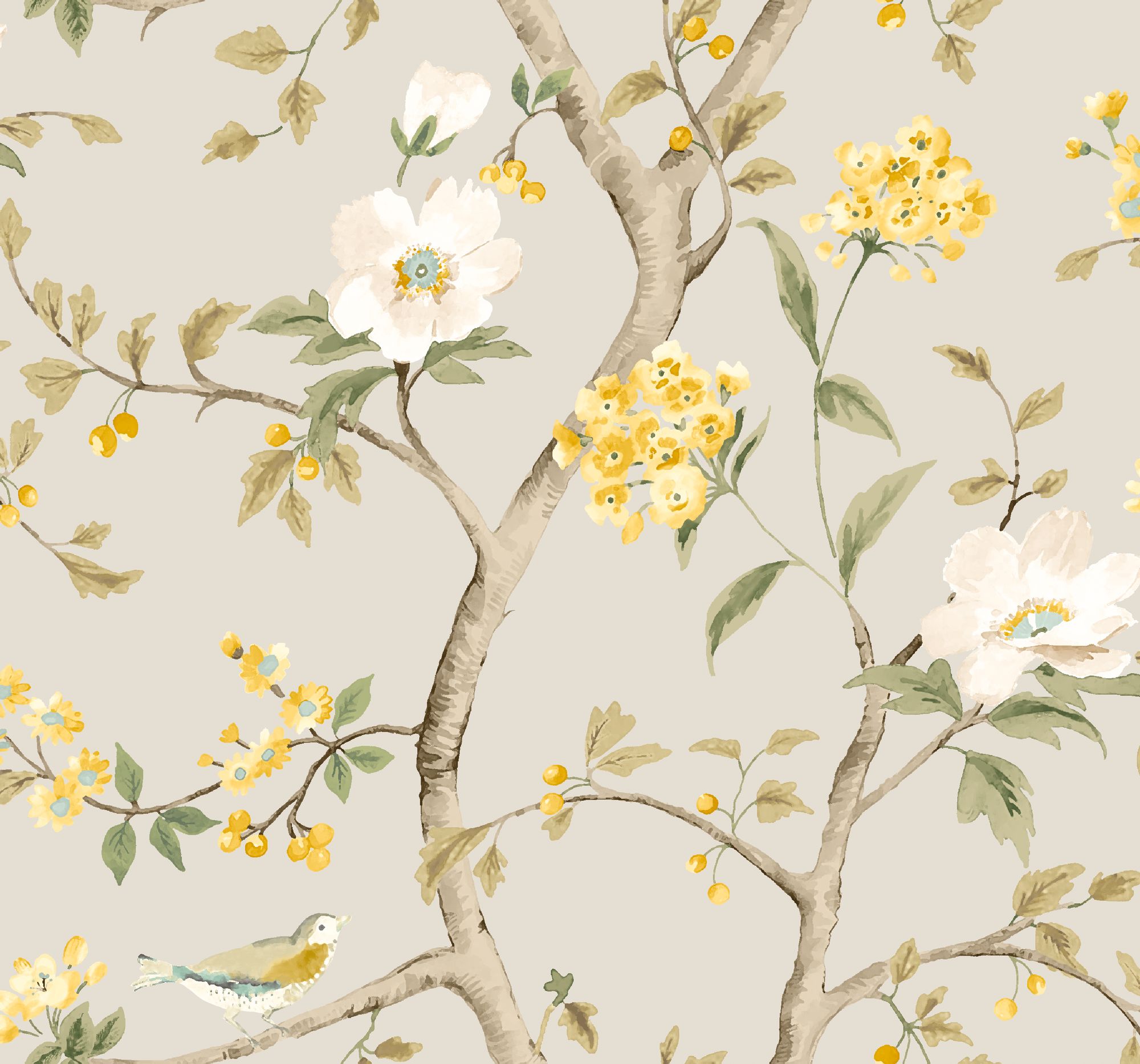 HWA1345W Bird Song Silver Wallpaper by Hoopla Walls