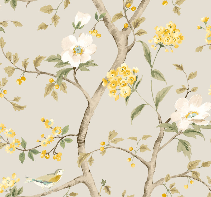 HWA1345W Bird Song Silver Wallpaper by Hoopla Walls
