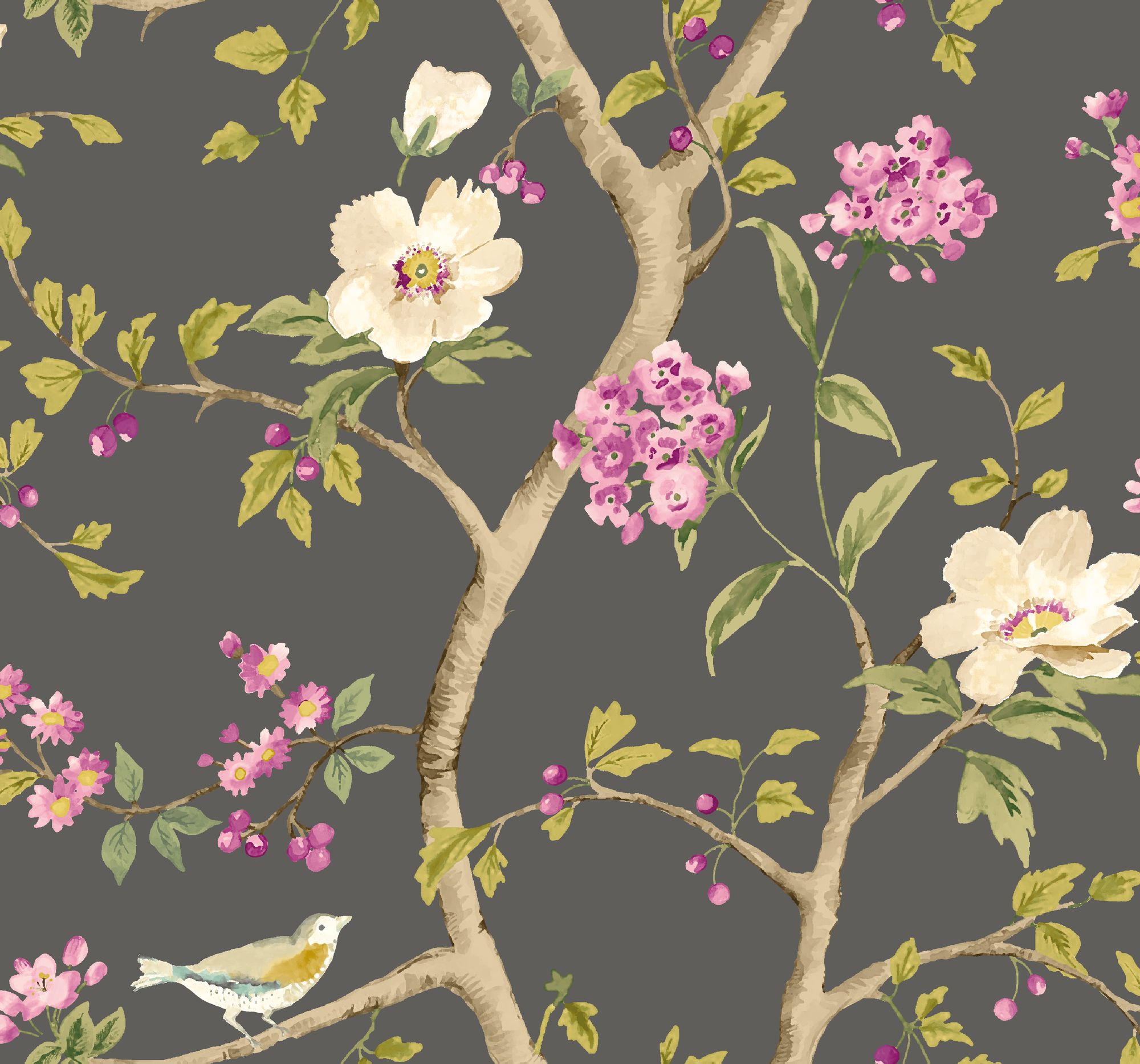 HWA1346W Bird Song Plum & Noir Wallpaper by Hoopla Walls
