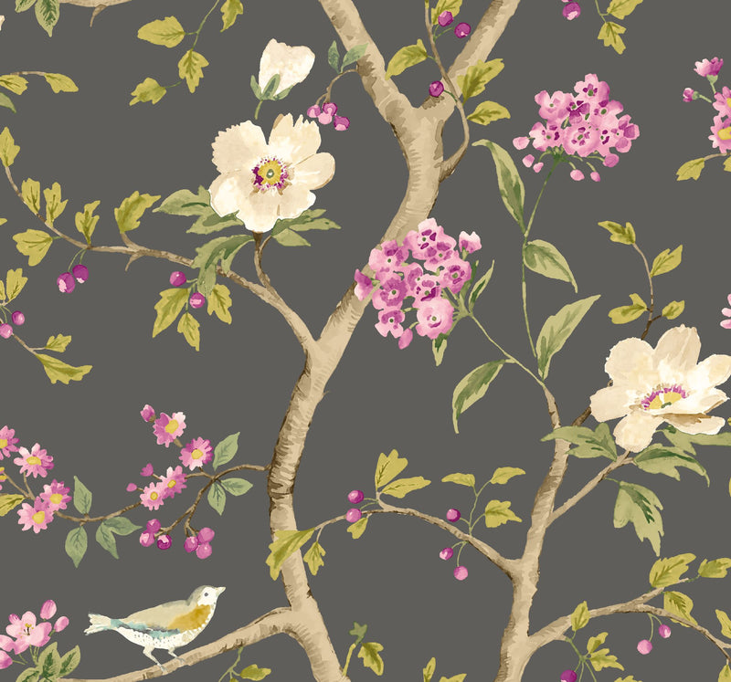 HWA1346W Bird Song Plum & Noir Wallpaper by Hoopla Walls