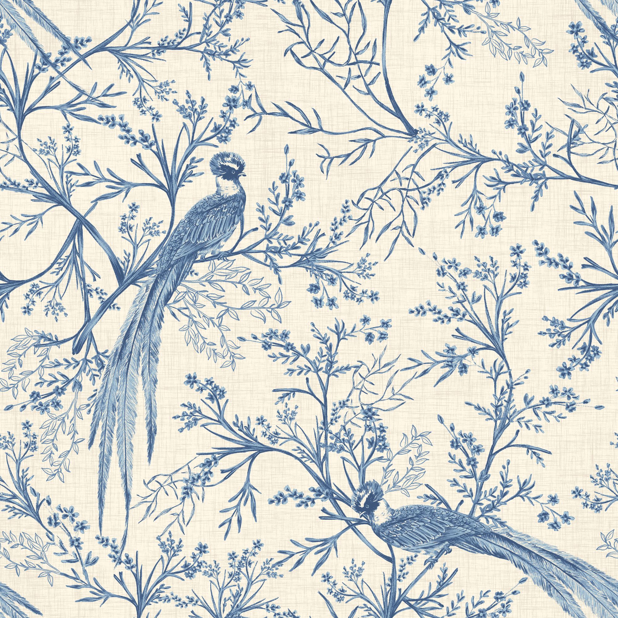 HWA1367W Bird Toile Dark Denim Wallpaper by Hoopla Walls