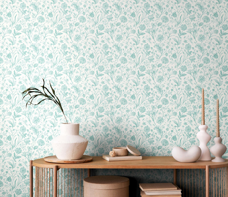 HWA1326W Floral Toile Duck Egg Blue Wallpaper by Hoopla Walls