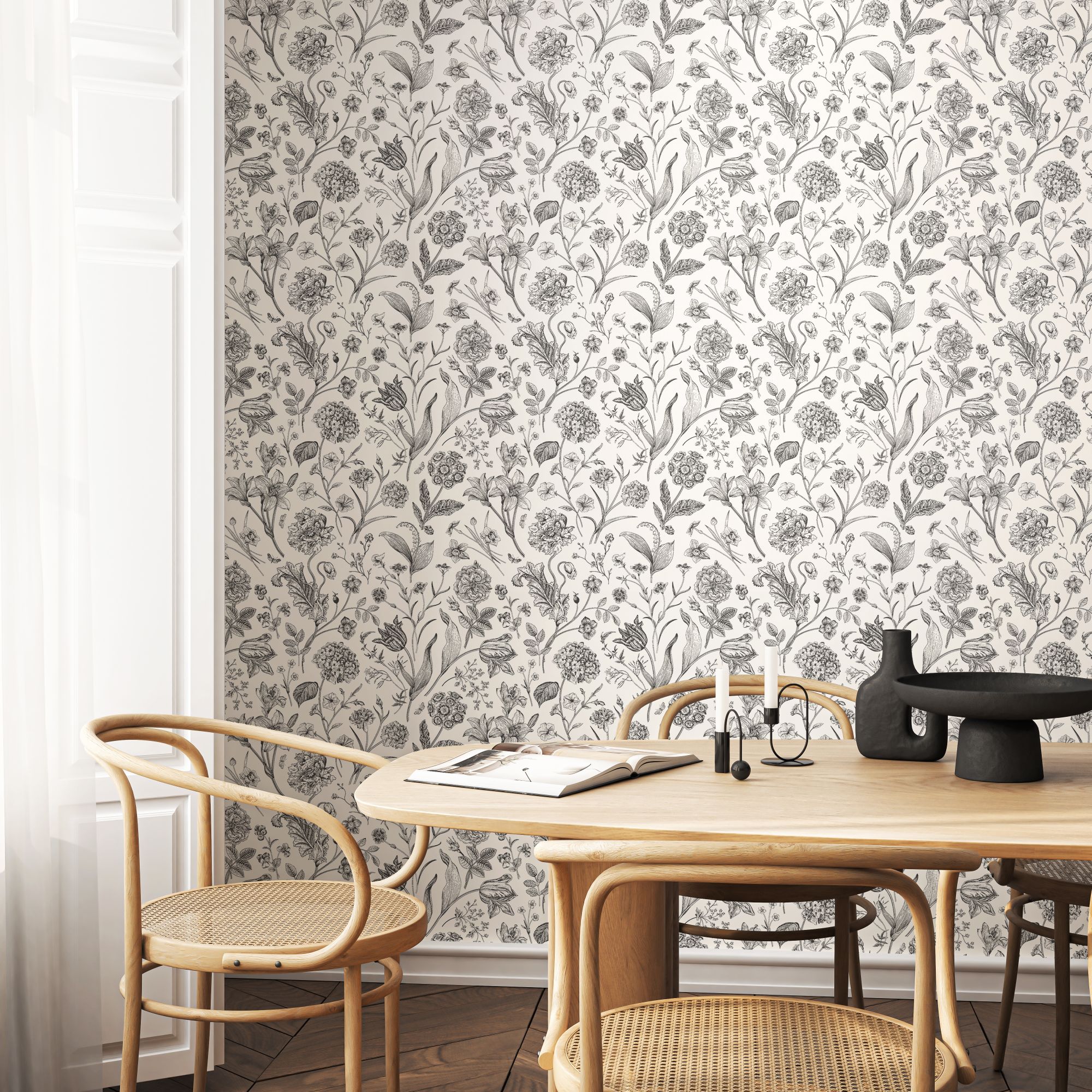 HWA1330W Floral Toile Ebony Wallpaper by Hoopla Walls