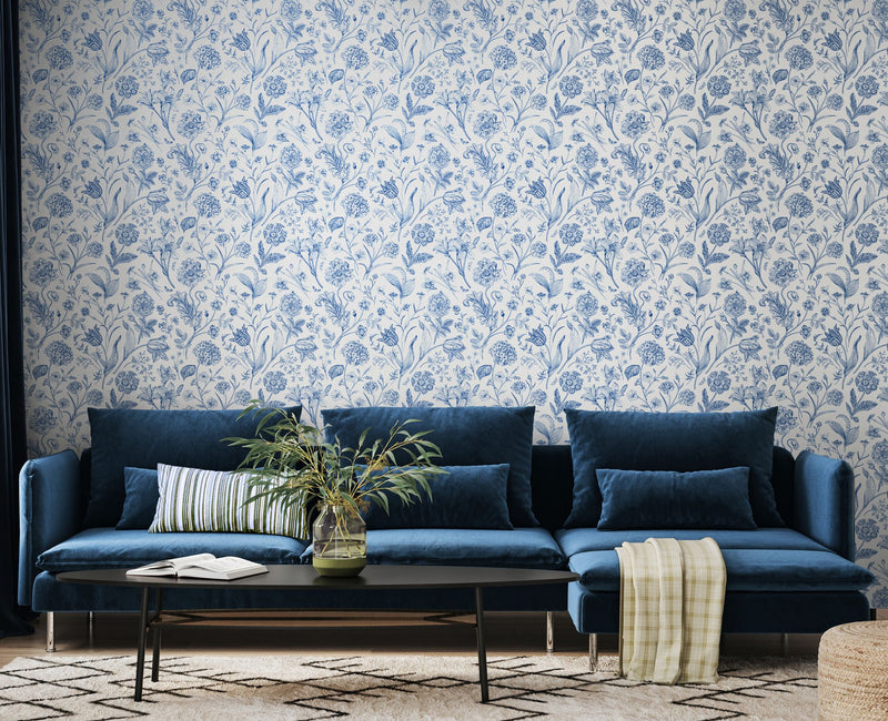 HWA1331W Floral Toile Royal Blue Wallpaper by Hoopla Walls