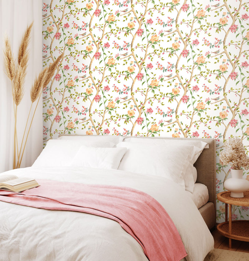 HWA1342W Bird Song Coral Mix Wallpaper by Hoopla Walls