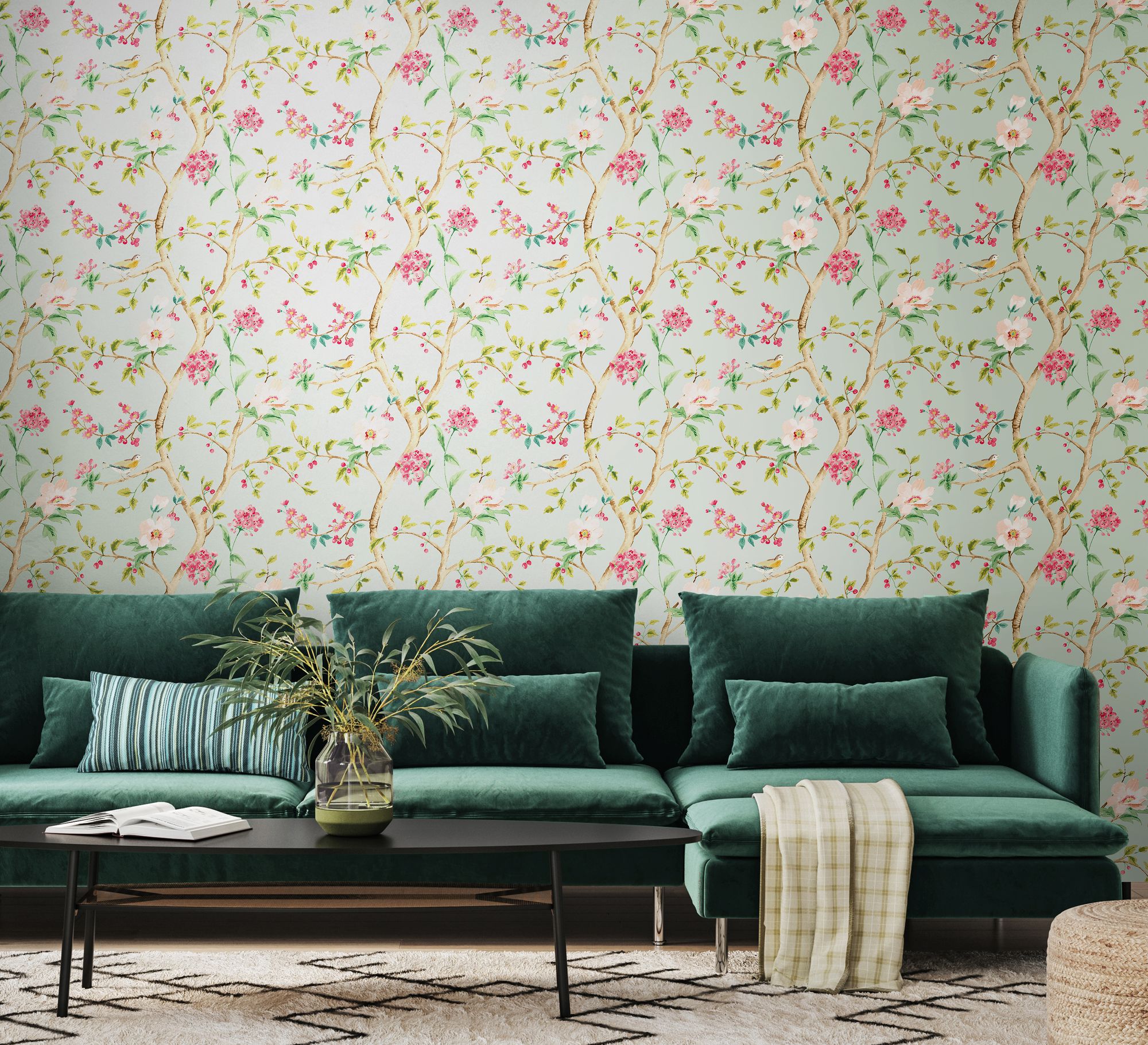 HWA1343W Bird Song Seafoam & Rose Wallpaper by Hoopla Walls