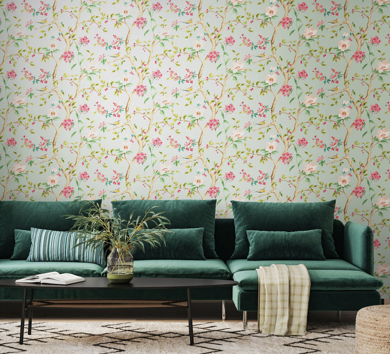 HWA1343W Bird Song Seafoam & Rose Wallpaper by Hoopla Walls