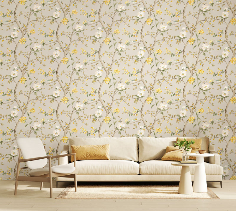 HWA1345W Bird Song Silver Wallpaper by Hoopla Walls