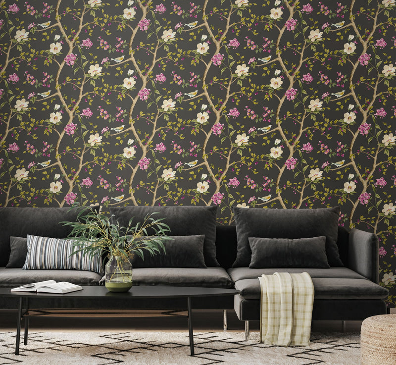HWA1346W Bird Song Plum & Noir Wallpaper by Hoopla Walls