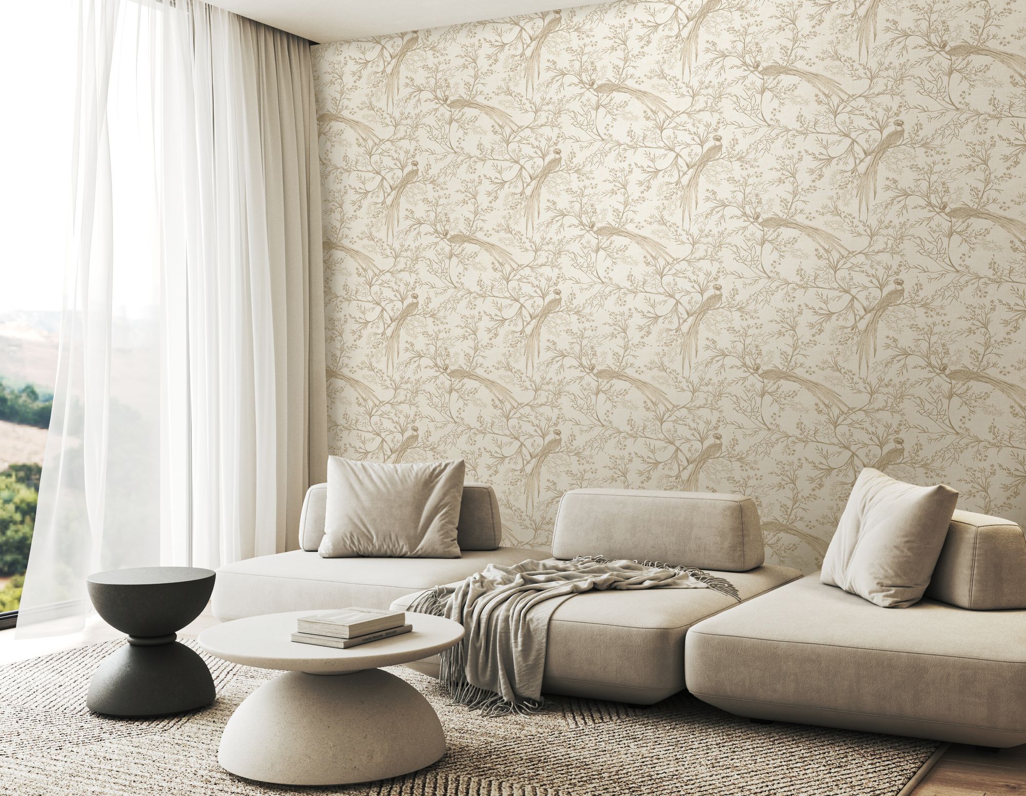 HWA1363W Bird Toile Stone Wallpaper by Hoopla Walls