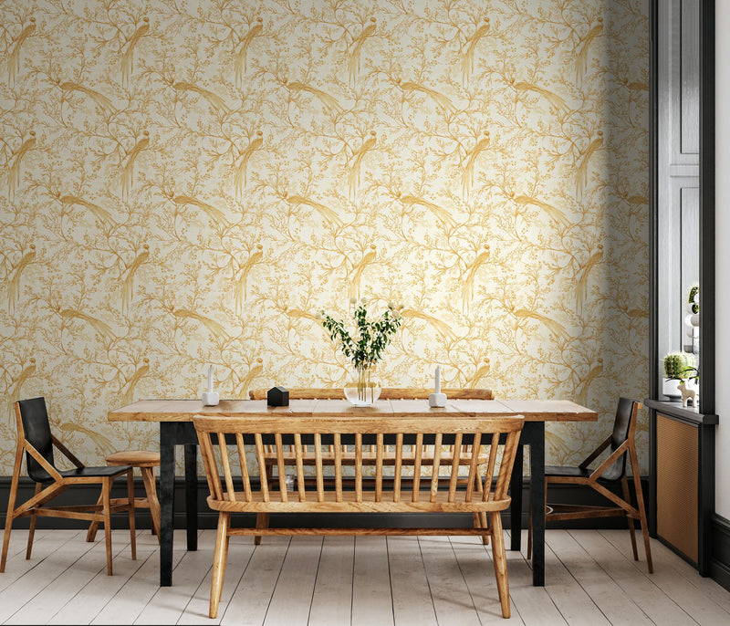 HWA1364W Bird Toile Honey Wallpaper by Hoopla Walls
