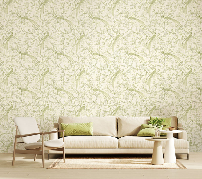 HWA1365W Bird Toile Sage Wallpaper by Hoopla Walls