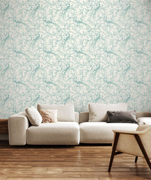 HWA1366W Bird Toile Duck Egg Blue Wallpaper by Hoopla Walls