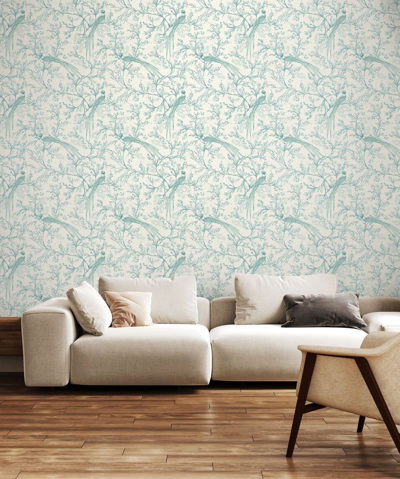 HWA1366W Bird Toile Duck Egg Blue Wallpaper by Hoopla Walls