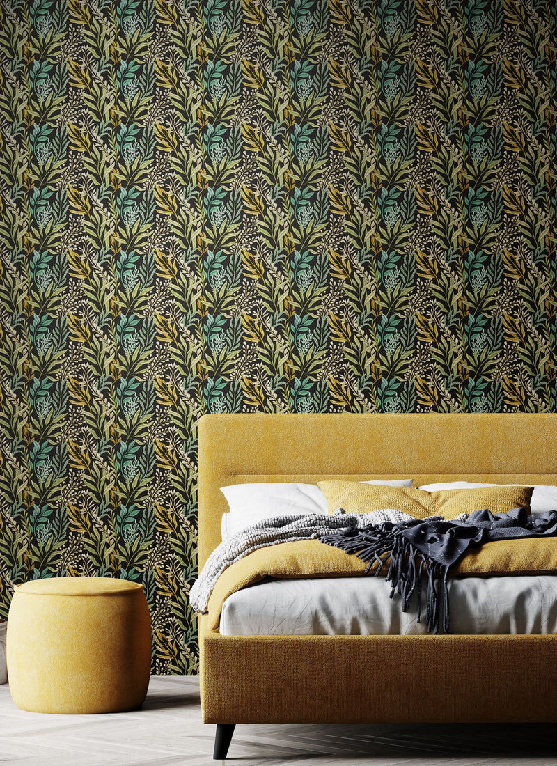 HWA1391W Verdant Leaves Noir Mix Wallpaper by Hoopla Walls