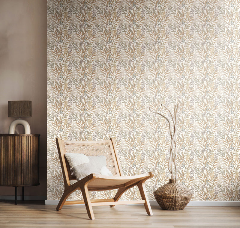 HWA1394W Verdant Leaves Parchment Wallpaper by Hoopla Walls