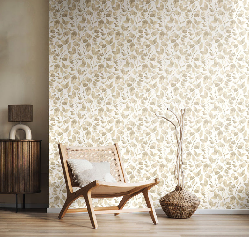 HWA1407W Watercolour Leaves Oyster Wallpaper by Hoopla Walls