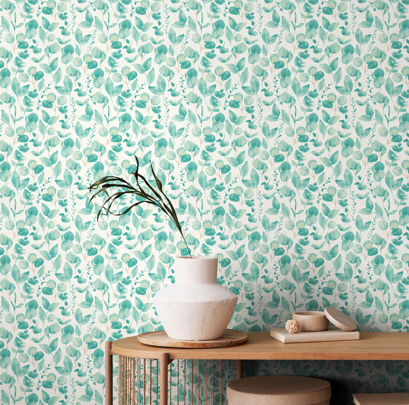 HWA1411W Watercolour Leaves Aqua & Chalk Wallpaper by Hoopla Walls