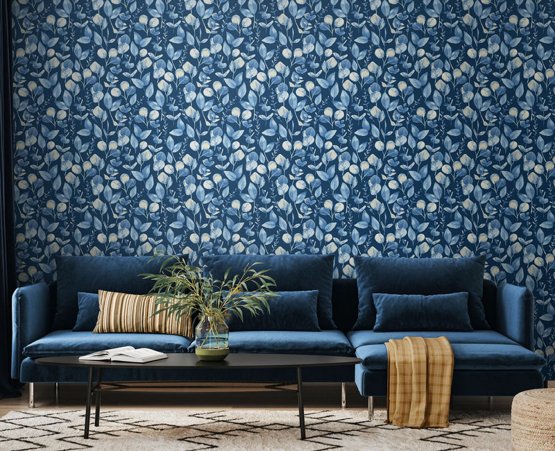 HWA1412W Watercolour Leaves Slate Blue Wallpaper by Hoopla Walls