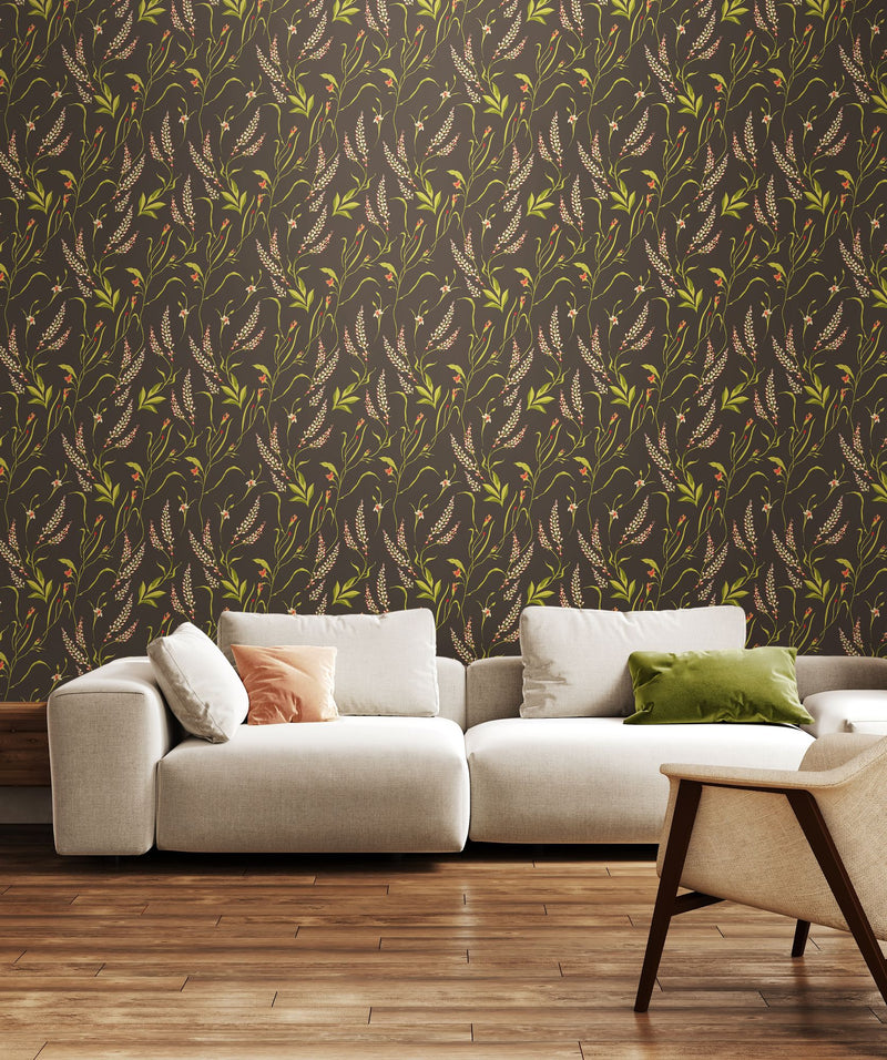 HWA1417W Springtime Meadow Charcoal & Coral Wallpaper by Hoopla Walls
