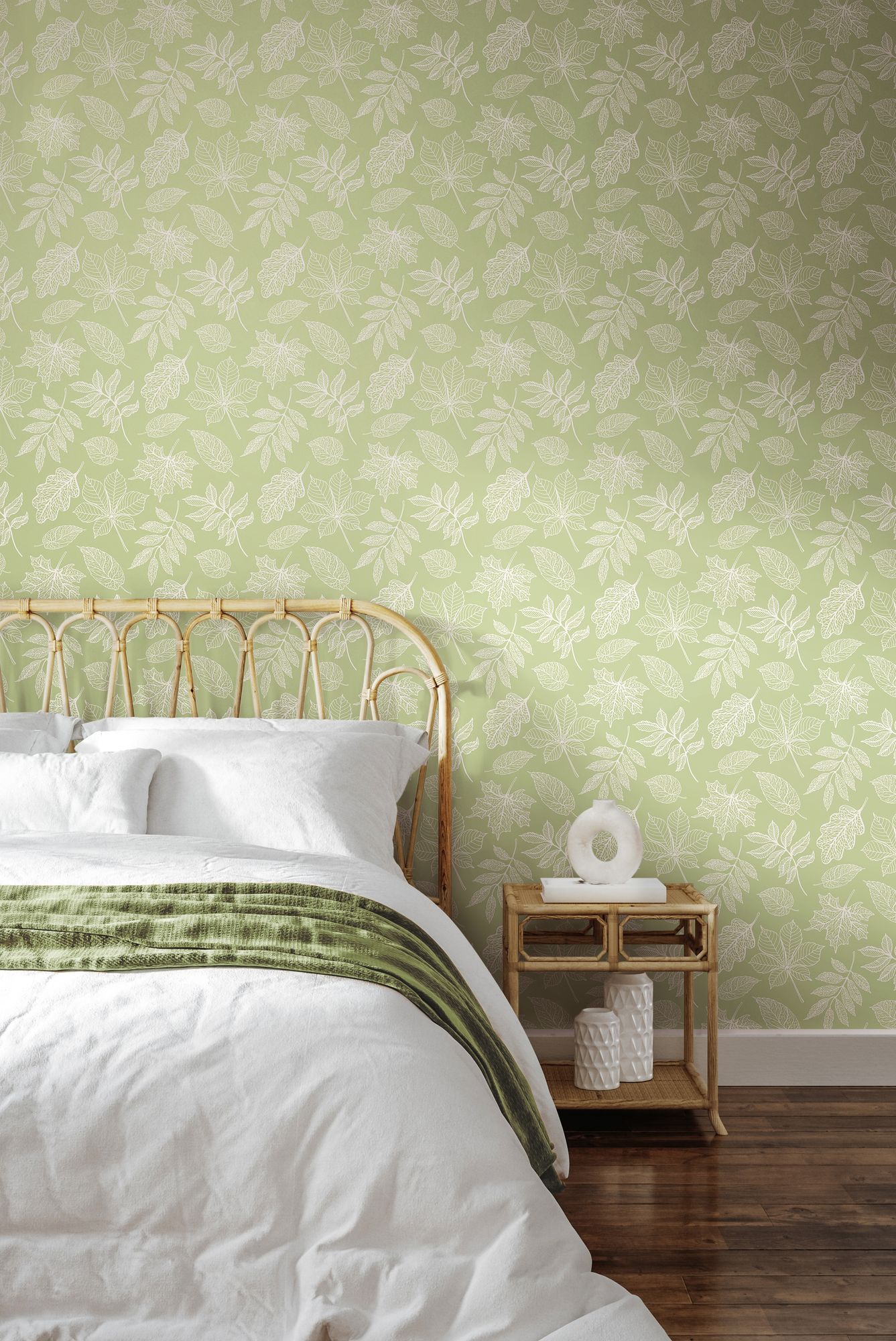 HWA1419W Leaf Silhouette Dusty Sage Wallpaper by Hoopla Walls