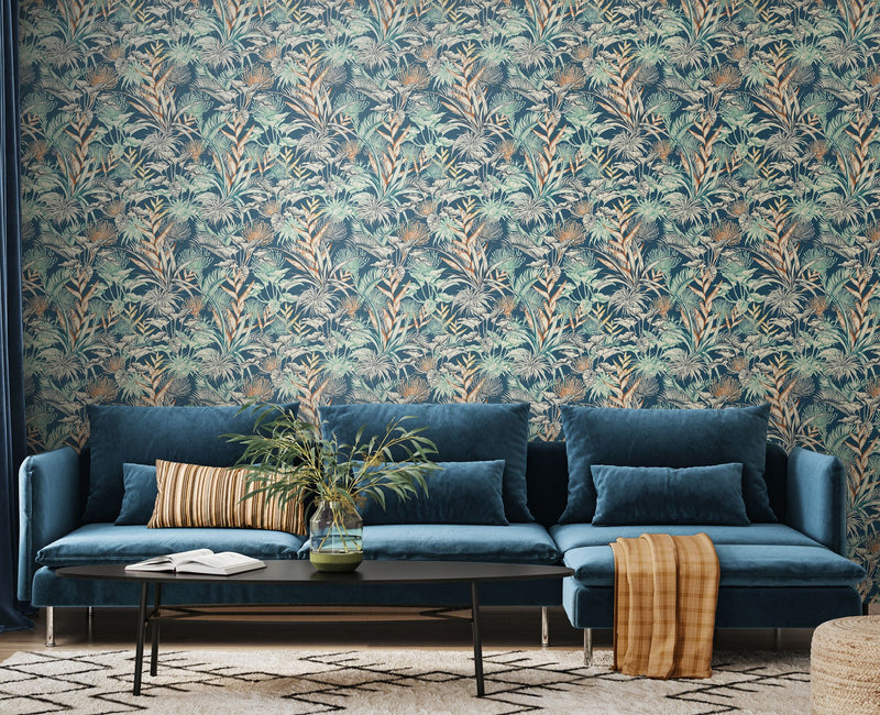 HWA1426W Tropical Canopy Teal & Navy Wallpaper by Hoopla Walls