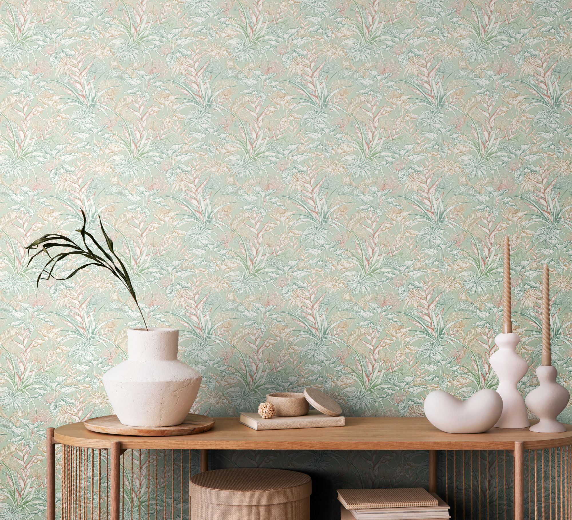 HWA1427W Tropical Canopy Duck Egg Mix Wallpaper by Hoopla Walls