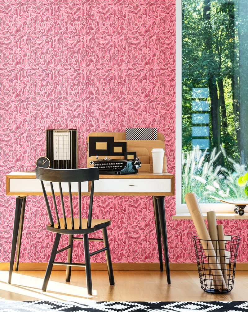 HWA1435W Maze Squiggle Raspberry Wallpaper by Hoopla Walls