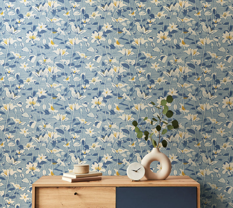 HWA1440W Lino Leaves Soft Navy Wallpaper by Hoopla Walls