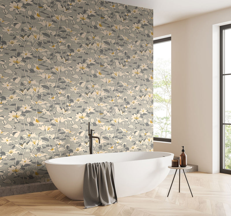 HWA1441W Lino Leaves Gunmetal Wallpaper by Hoopla Walls