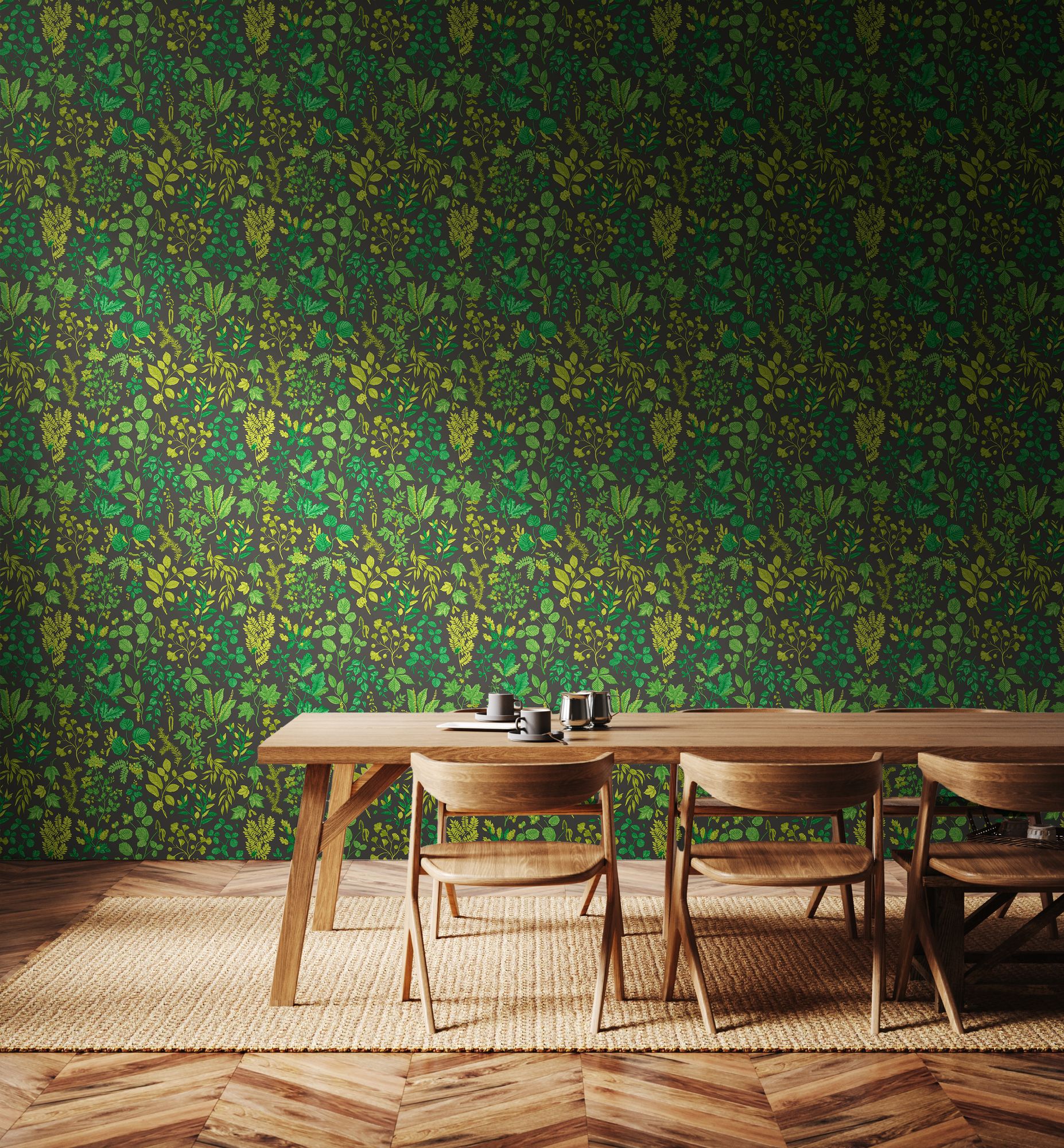 HWA1443W Botanical Leaves Charcoal & Emerald Wallpaper by Hoopla Walls