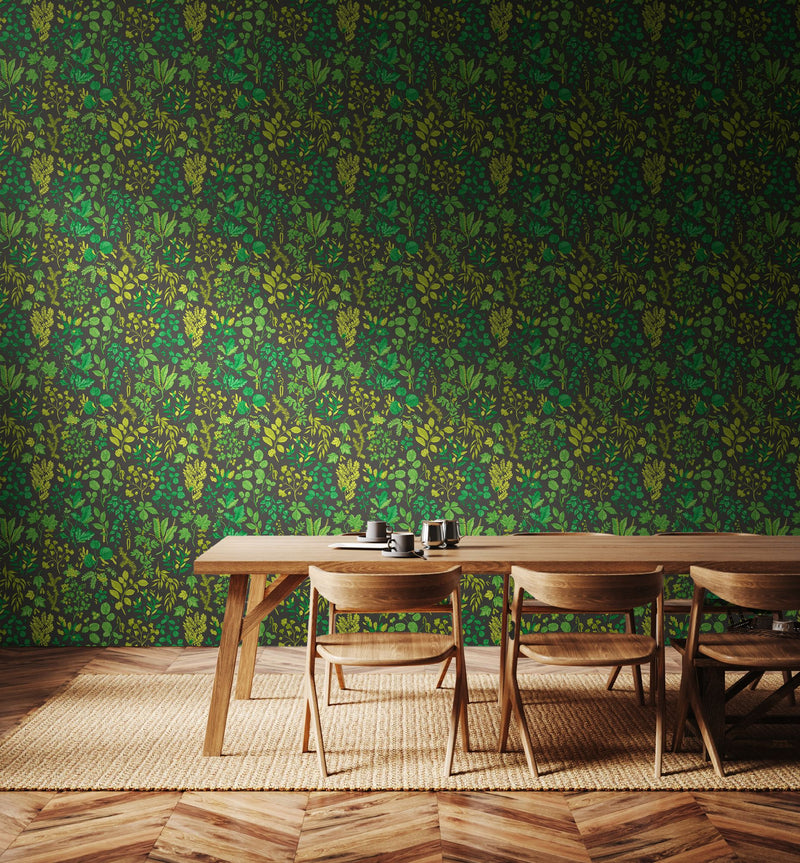 HWA1443W Botanical Leaves Charcoal & Emerald Wallpaper by Hoopla Walls