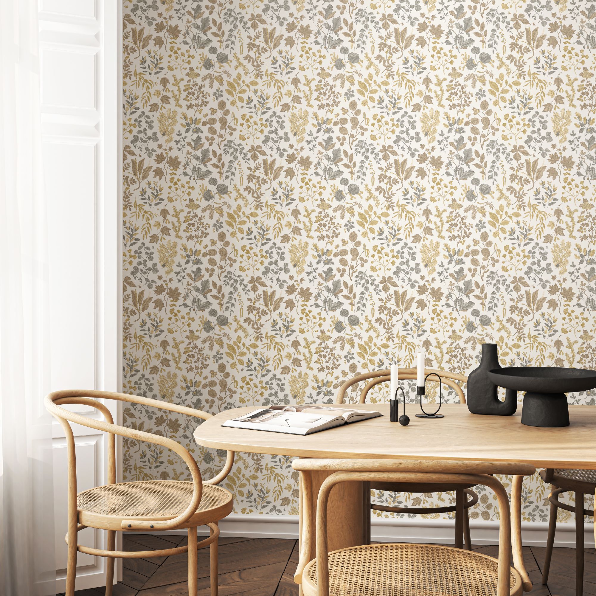 HWA1446W Botanical Leaves Stone & Sand Wallpaper by Hoopla Walls