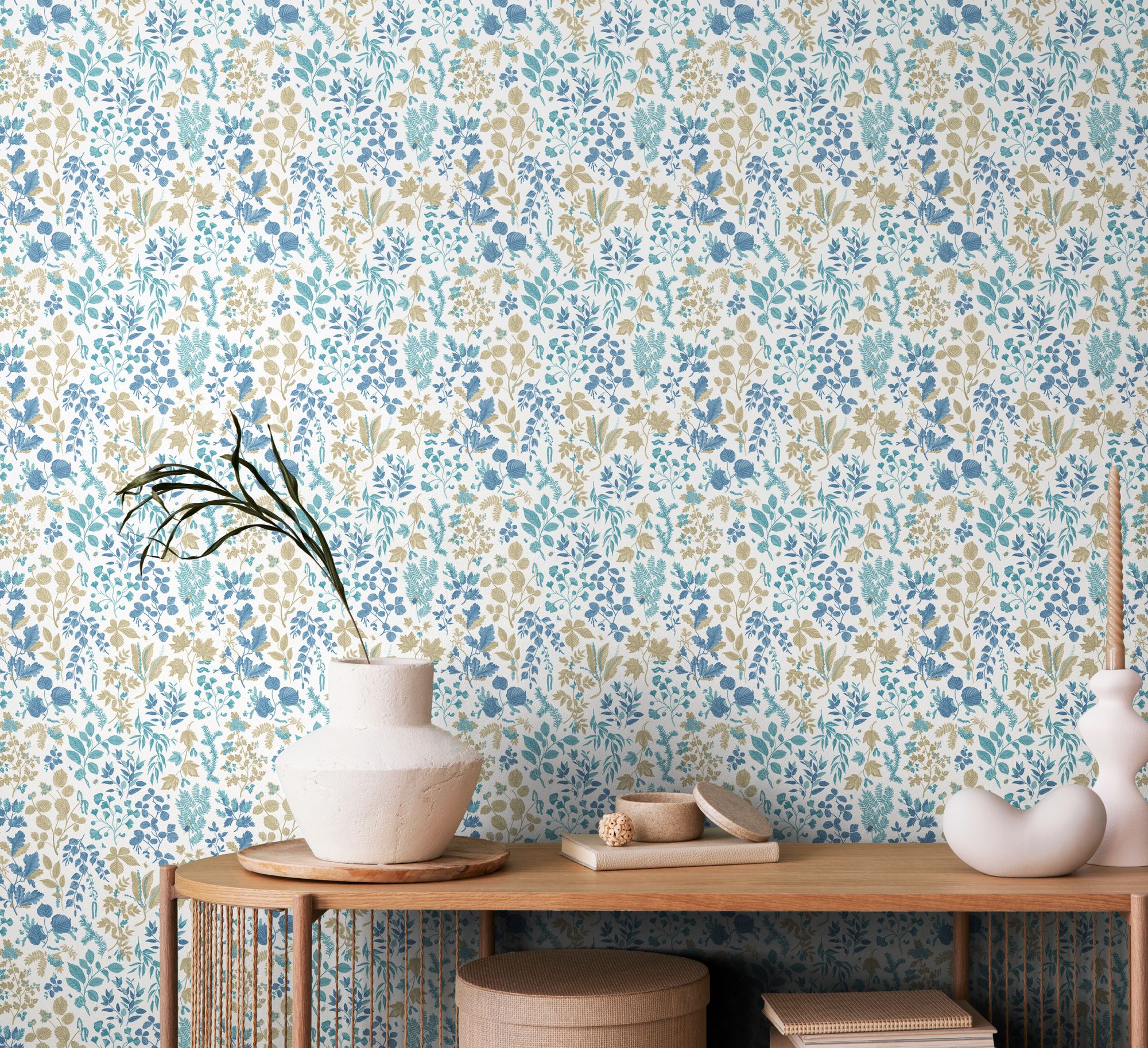 HWA1447W Botanical Leaves Denim Mix Wallpaper by Hoopla Walls