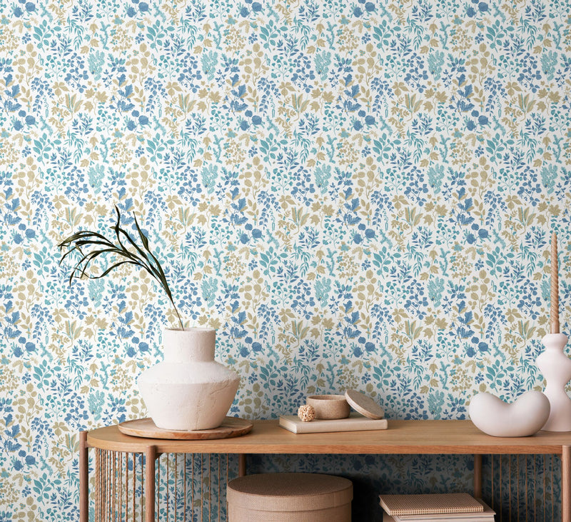 HWA1447W Botanical Leaves Denim Mix Wallpaper by Hoopla Walls