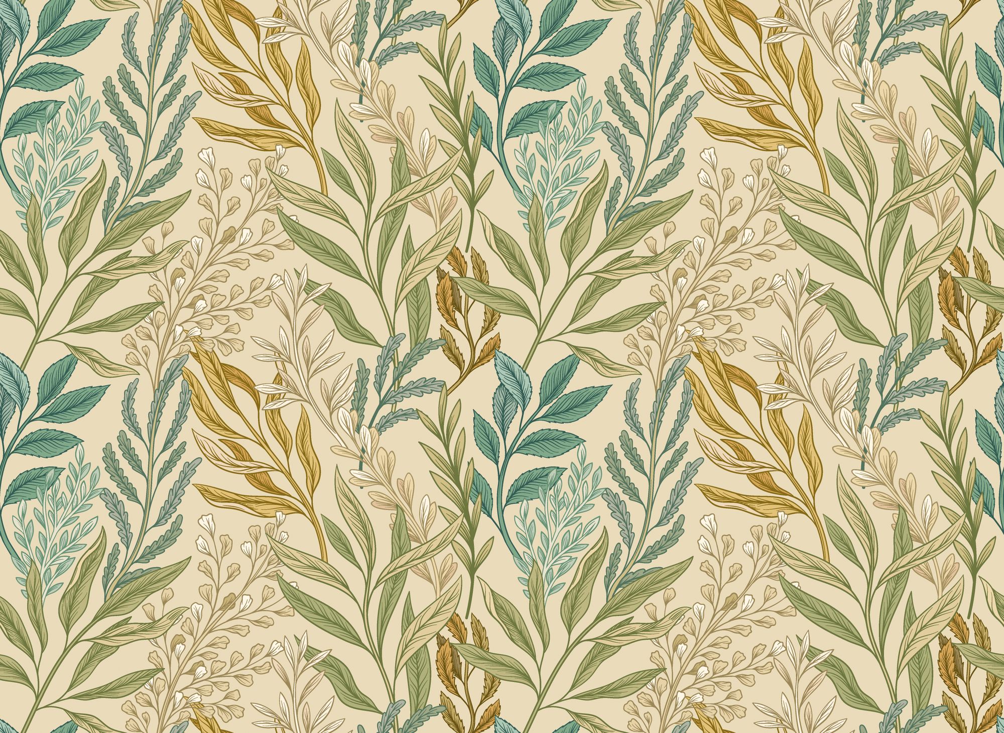 HWA1390W Verdant Leaves Vintage Ochre Wallpaper by Hoopla Walls